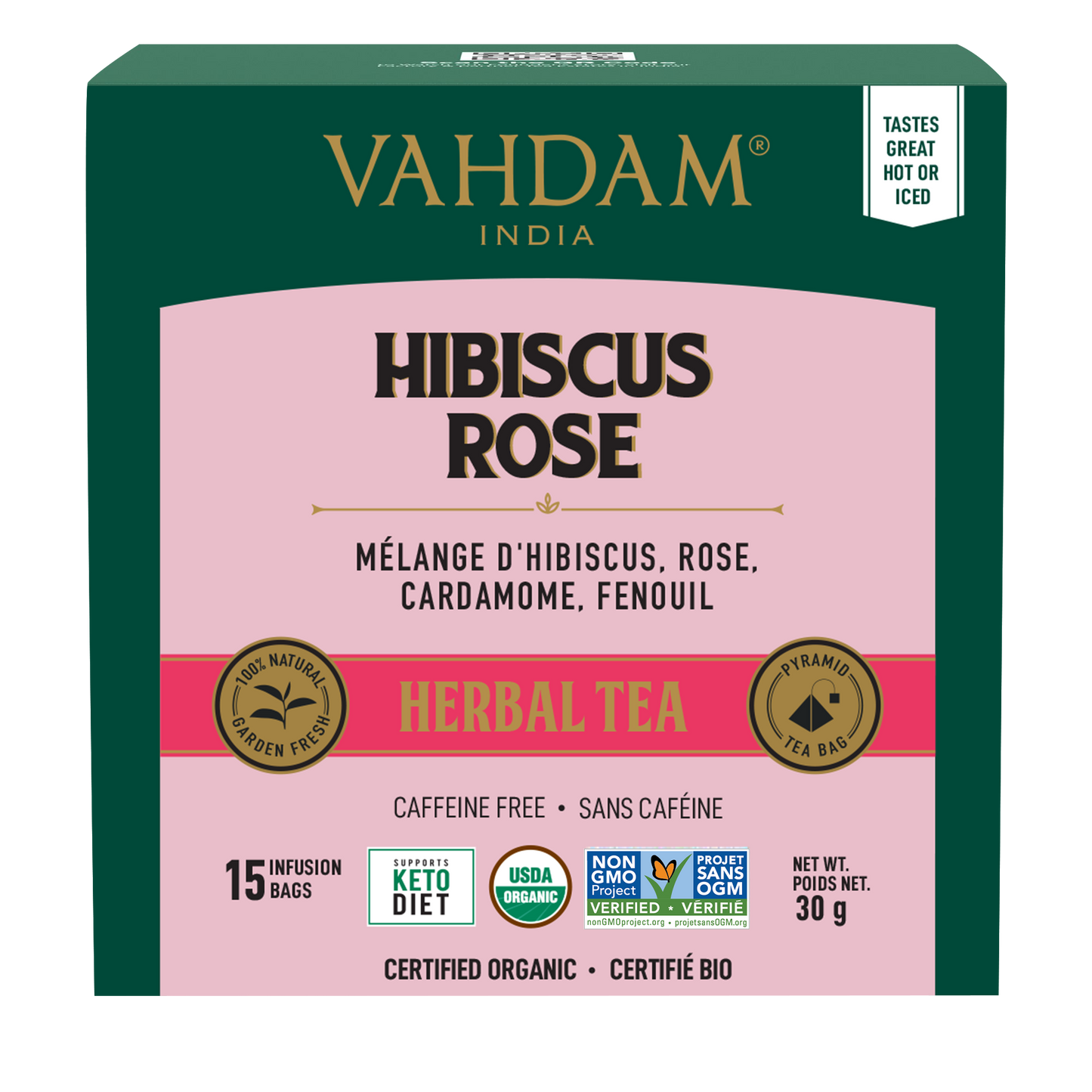 Vahdam Tea | Hibiscus Rose Herbal | 15 Count | Pack of 6