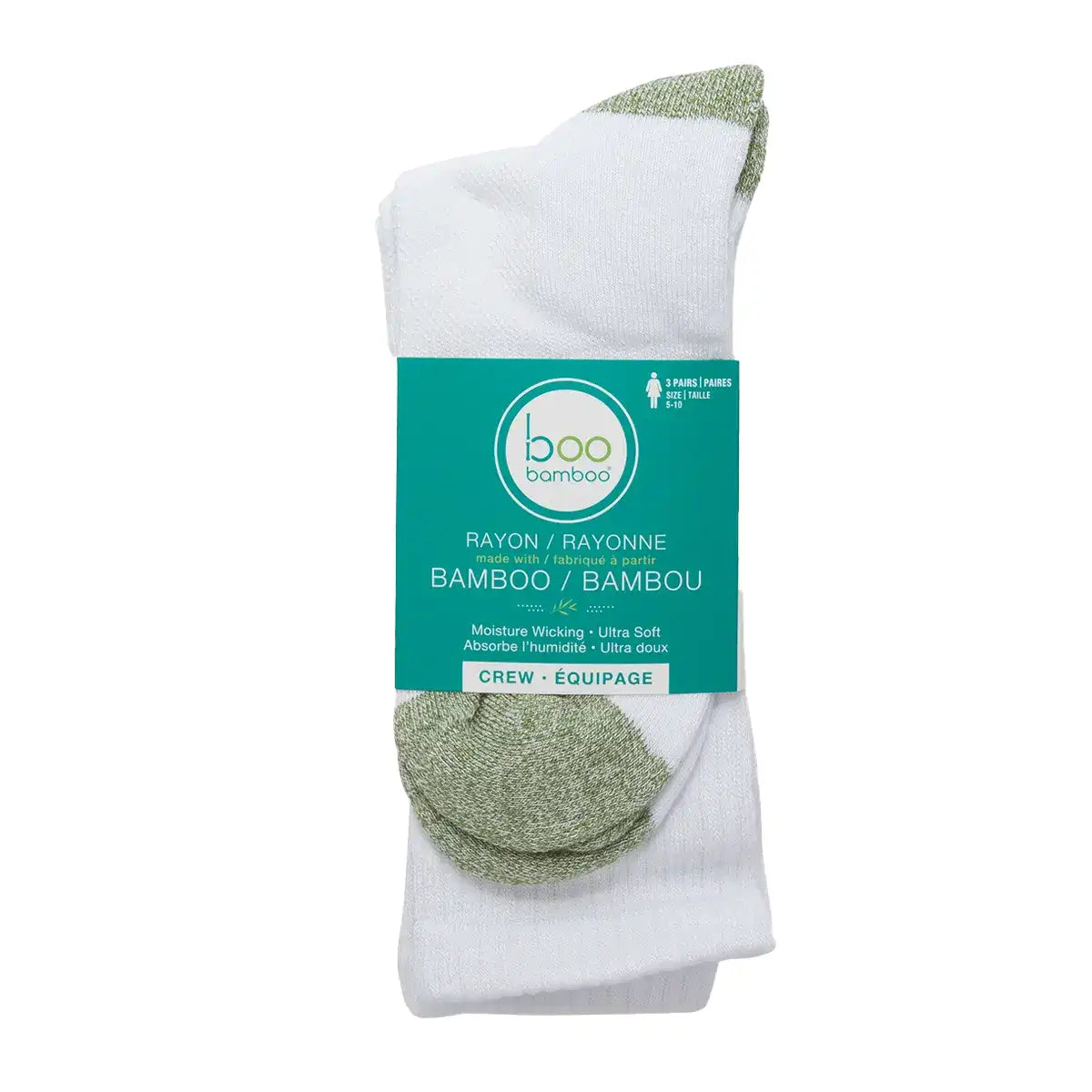 Boo Bamboo - Women Crew Socks White & Green 6-10 - 3pk