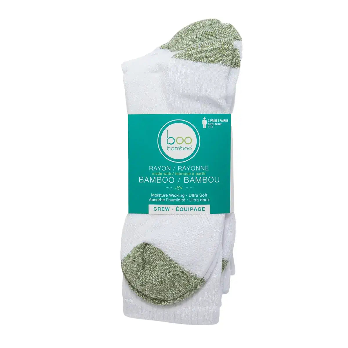 Boo Bamboo - Men Crew Socks White & Green 7-13 - 3pk