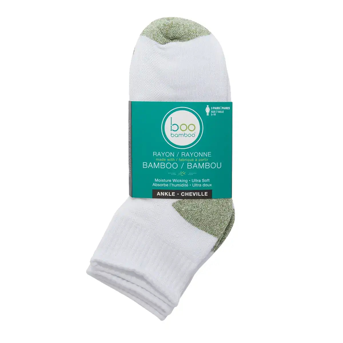 Boo Bamboo - Women Ankle Socks White& Green 6-10 - 3pk