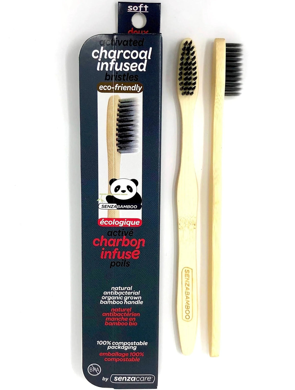 SENZABAMBOO - Charcoal Bristle Bamboo Toothbrush - 6 x 1ea