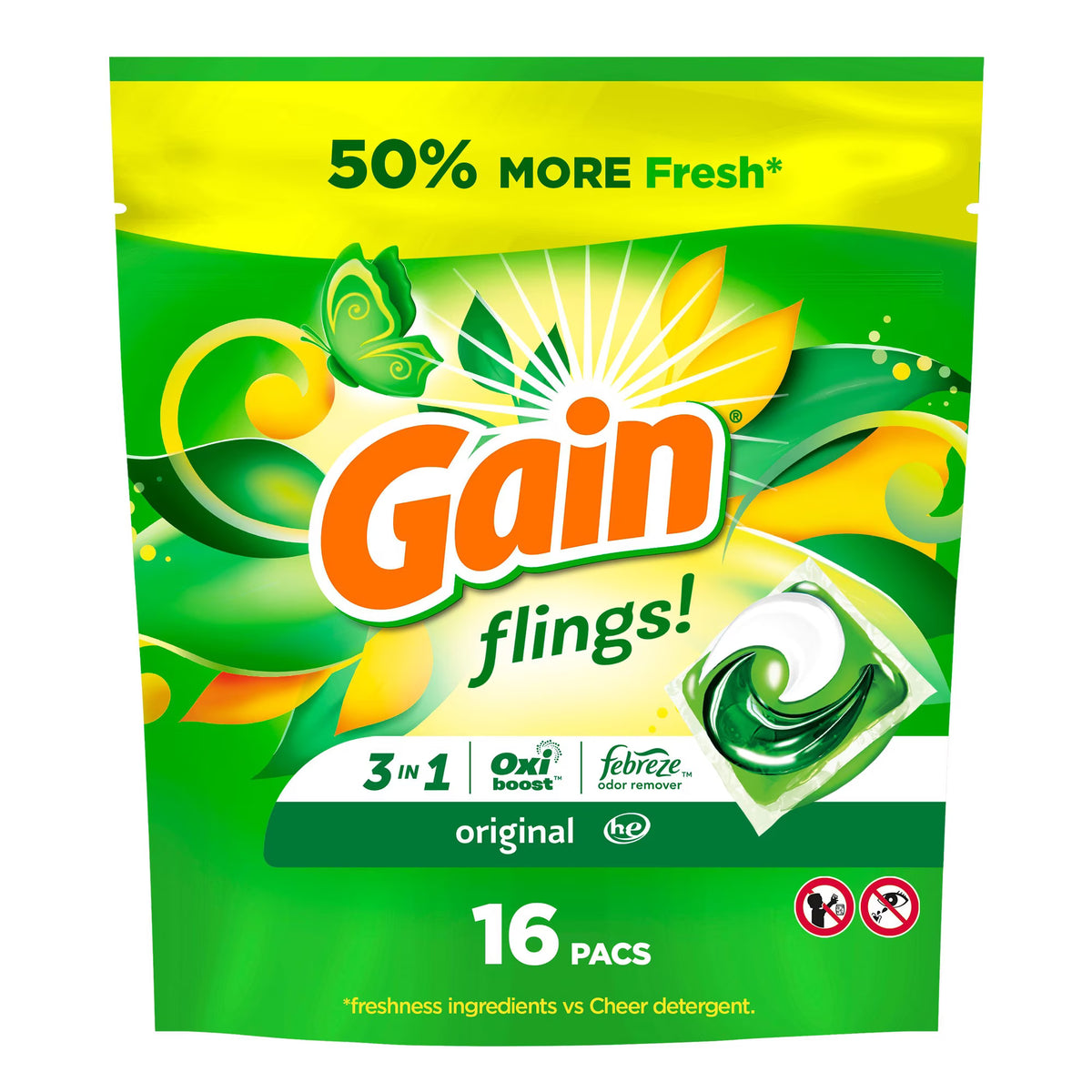 GAIN FLINGS DETERGENT ORIG 16 pack of 6