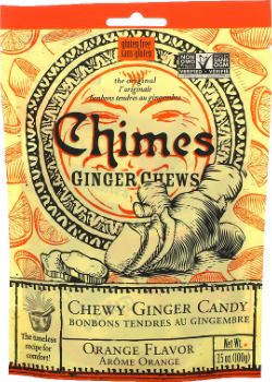 CHIMES GINGER CHEWS    Ginger Chews, Orange (gluten free/vegan) (bag)    100g