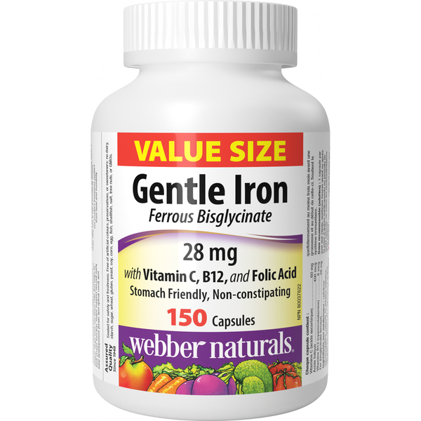 Webber Naturals - Gentle Iron with Vitamin C, B12, and Folic Acid Value Size - 150 Capsules