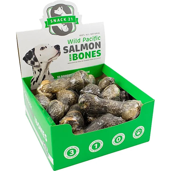 SNACK 21 - Dog Treats, Wild Pacific Salmon Skin Bones 18ct