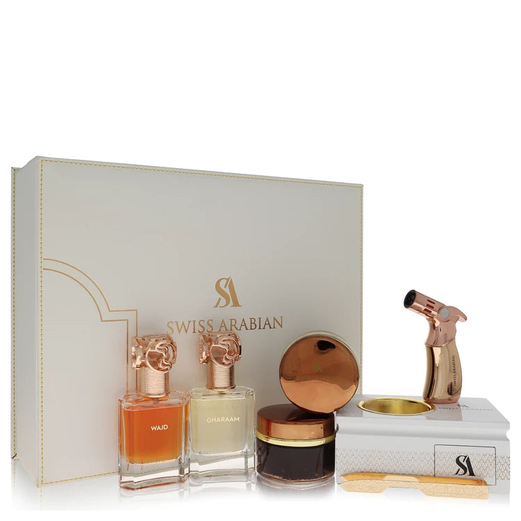 Swiss Arabian Men Swiss Arabian Bakhoor Dukhoon Al Haram -- Gift Set - Gift Set contains 2 x 1.7 oz Eau De Parfum in Wajd & Gharaam + 2 x 60 grams of Incense in Dukhoon Al Haram & Oud Muattar Mumtaz