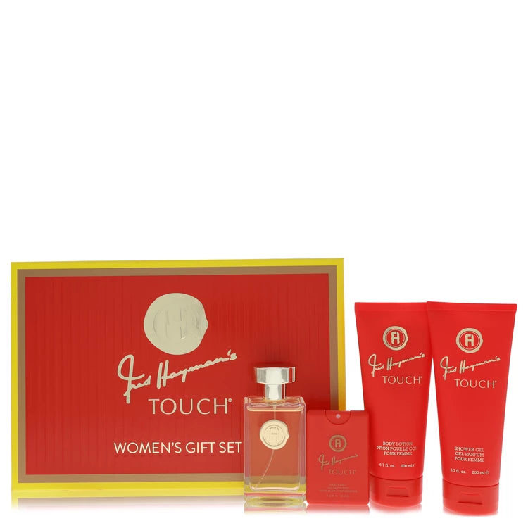 Fred Hayman Women Touch -- Gift Set - 3.4 oz Eau De Toilette Spary + 6.7 oz Body Lotion + 6.7 oz Shower Gel + 0.61 oz Pocket Soray