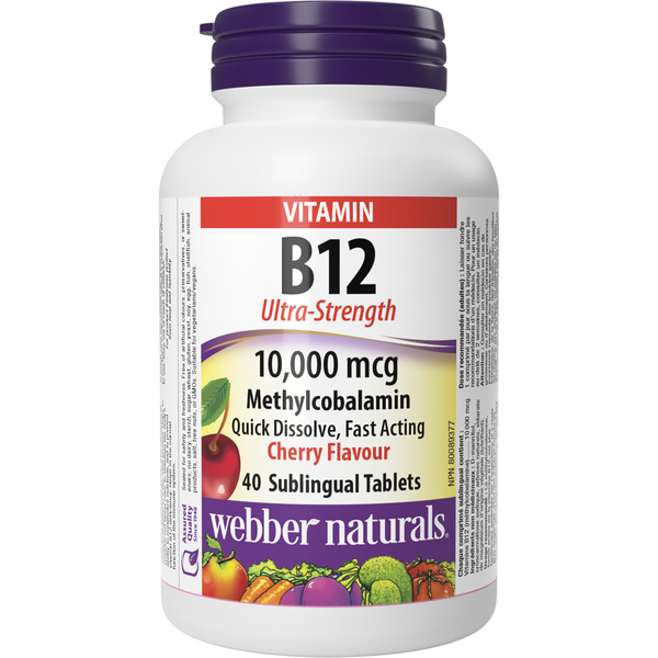 Webber Naturals - B12 Ultra-Strength 10,000 mcg Cherry Flavour - 40 Sublingual Tablets