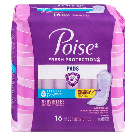 POISE PAD MODERATE ABS LONG 16 pack of 6