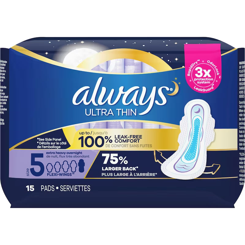 ALWAYS ULTRA THIN PADS SZ5 XTR HEAVY OVRNIGHT 15 pack of 6