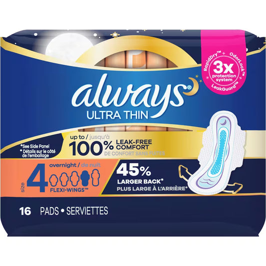 ALWAYS ULTRA THIN PADS SIZE 4 0VERNIGHT 16 pack of 12