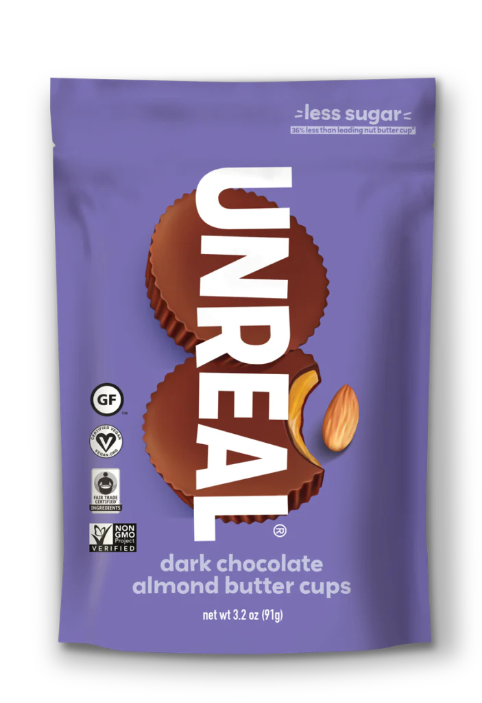 Unreal Snacks    Unreal Multi-Serve Bags (Bilingual)    Flavour: Dark Chocolate Almond Butter Cups 
Container Size: 90 g    Case of 6