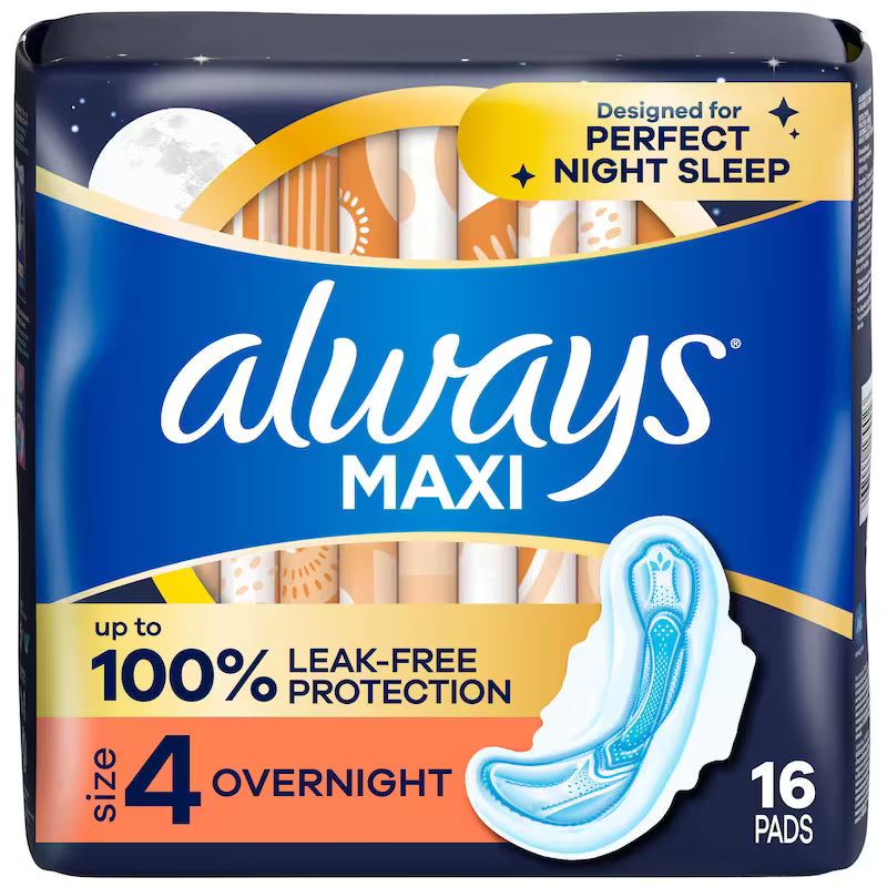 ALWAYS MAXI PADS SIZE 4 OVERNIGHT 16 pack of 12