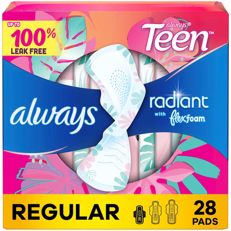 ALWAYS RADIANT TEEN PADS SIZE 1 REGULAR 28 pack of 6