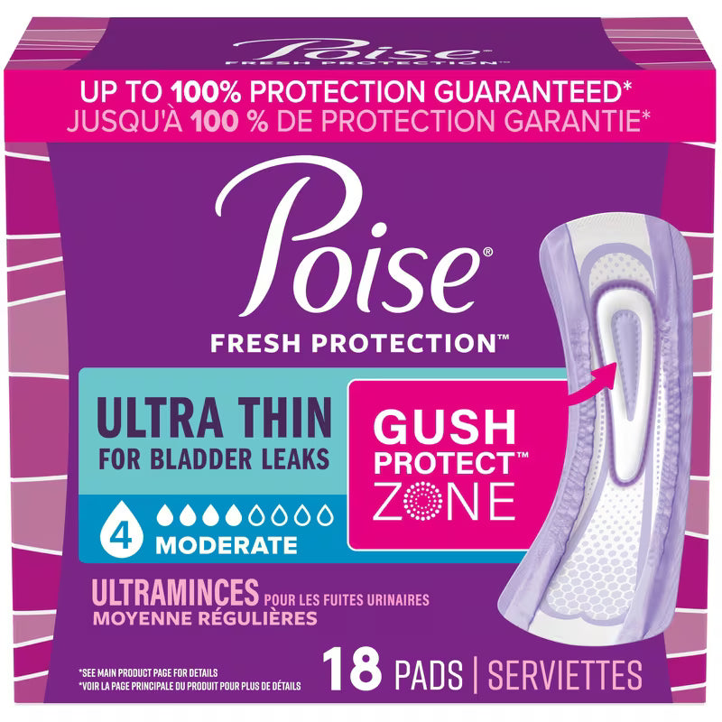 POISE ULTRA THIN PADS MODERATE ABSORBENCY 18 pack of 4
