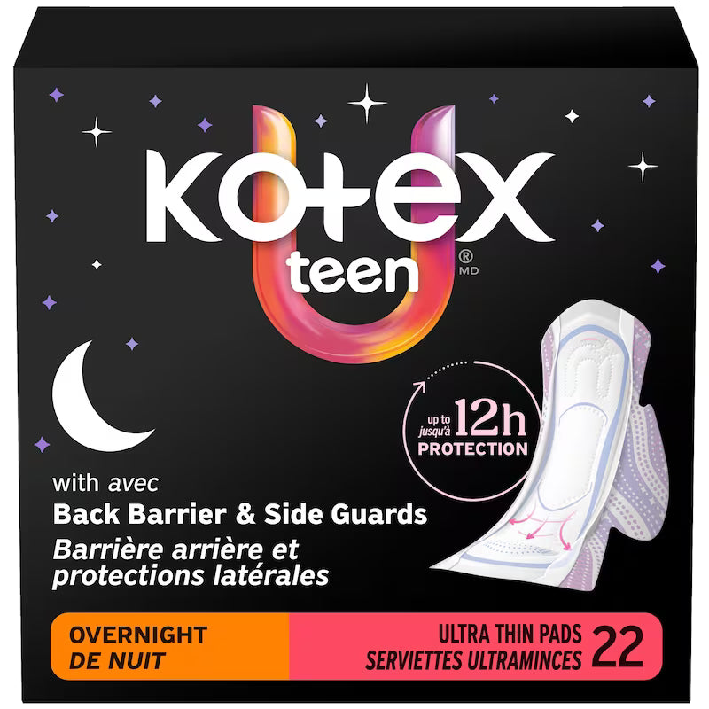 KOTEX TEEN PADS ULTRA THIN+WINGS OVERNIGHT 22 pack of 2