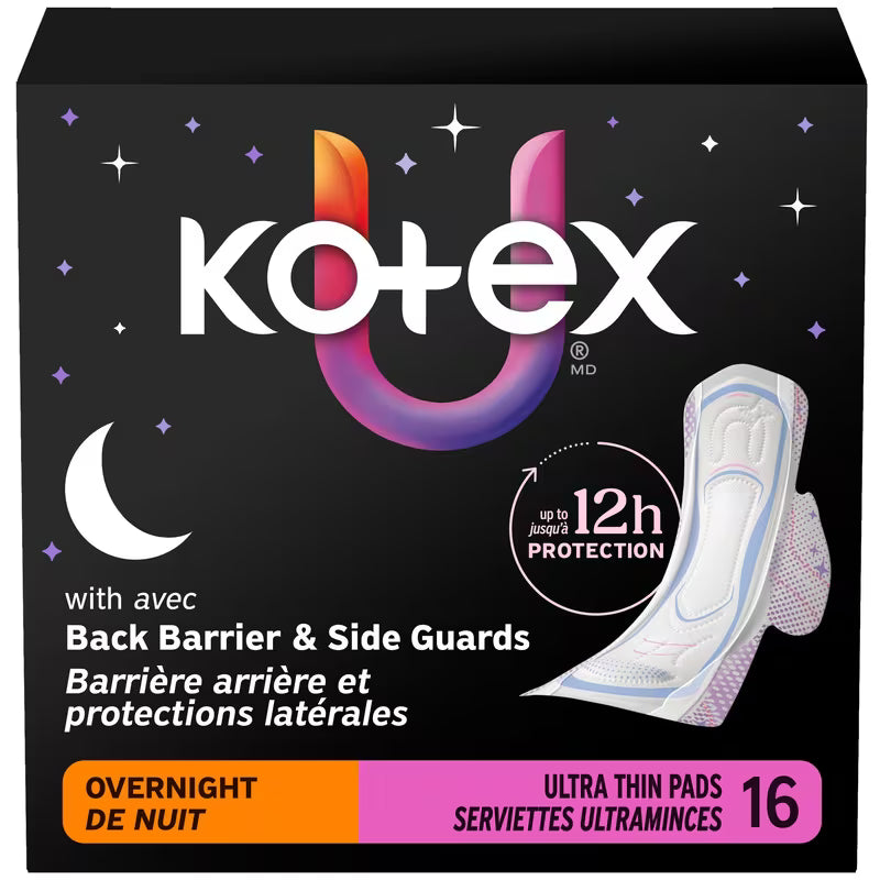 KOTEX TEEN PADS ULTRA THIN+WINGS OVERNIGHT 16 pack of 6