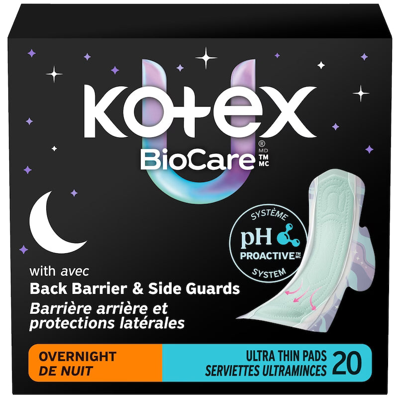 KOTEX BIOCARE PADS ULTRA THIN+WINGS OVERNIGHT 20 pack of 3