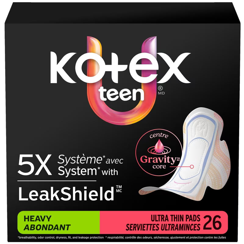 KOTEX TEEN PADS ULTRA THIN+WINGS HEAVY 26 pack of 3
