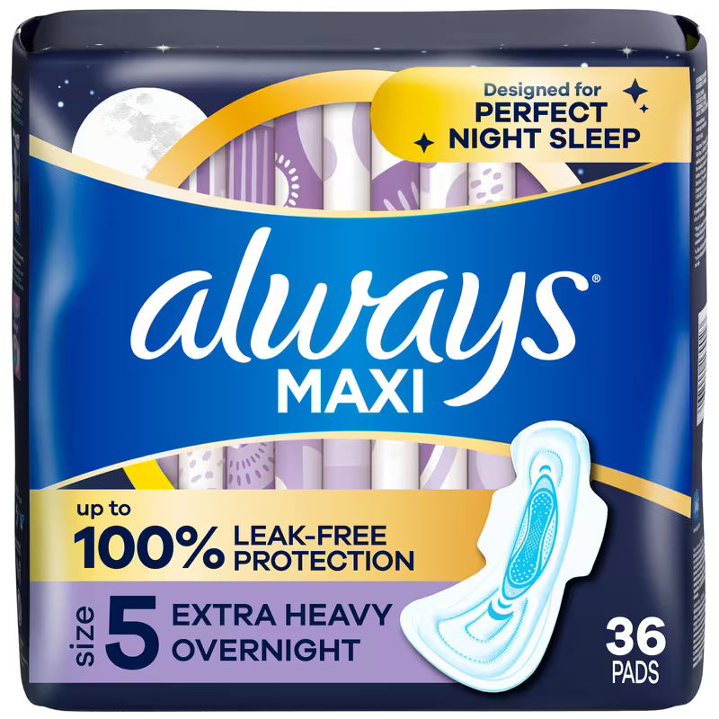 ALWAYS MAXI PADS SIZE 5 OVERNIGHT UNSCENTED 36 pack of 3