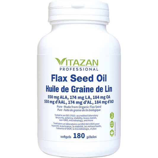 Vitazan    Flax Seed Oil (550 mg ALA, 174 mg LA, 184 mg OA · Pure · Made with Organic Flax Seed) 180 softgels