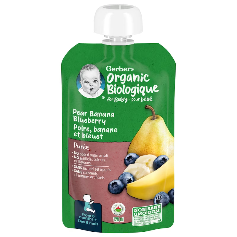 GERBER ORGANIC PUREE PEAR BANANA BLUEBERRY 128ML pack of 12