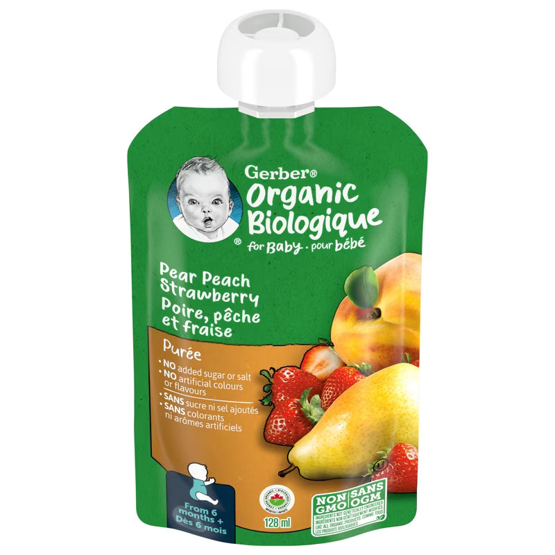 GERBER ORGANIC PUREE PEAR PEACH STRAWBERRY 128ML pack of 12