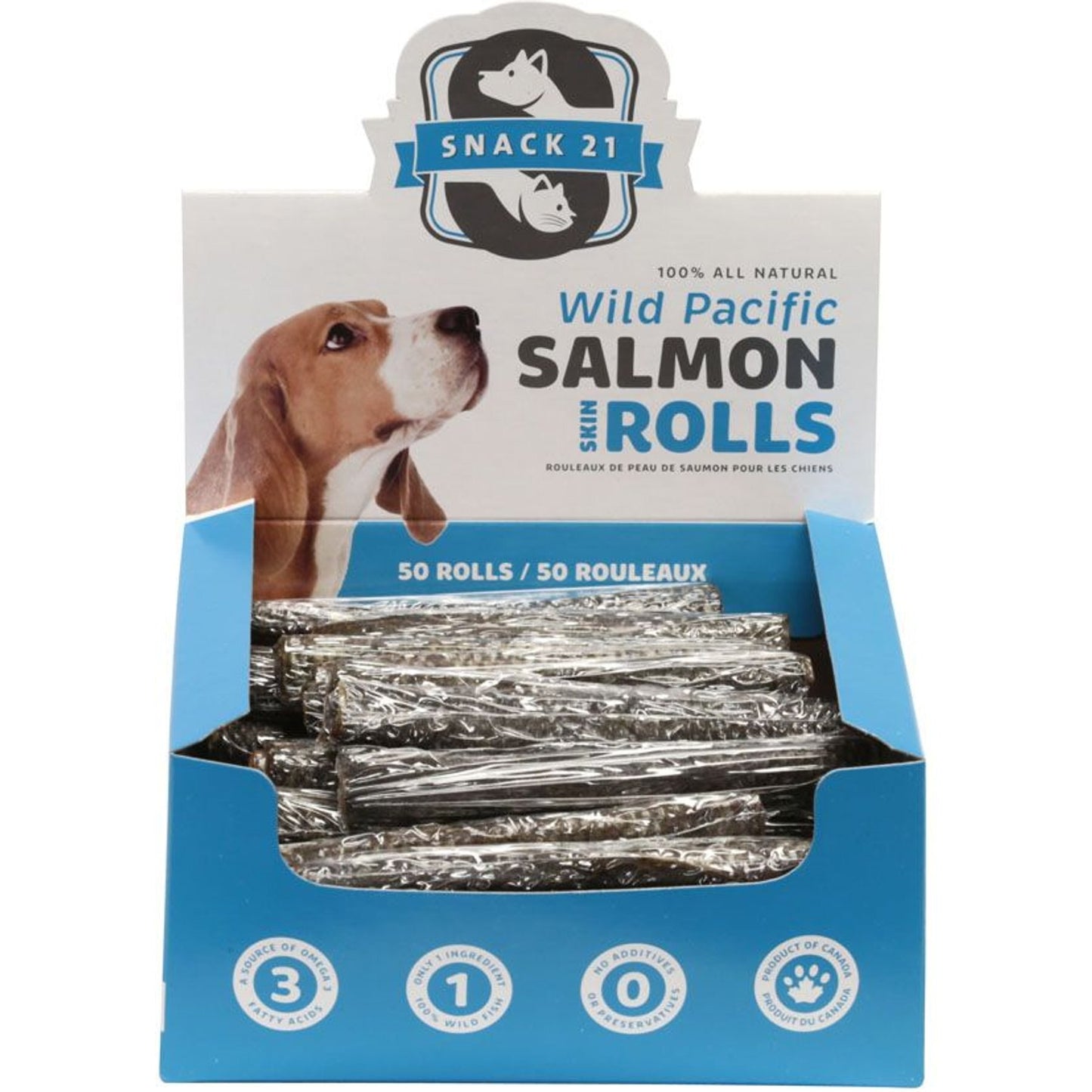SNACK 21 PET TREATS - Dog Treats, Wild Pacific Salmon Skin Rolls    50ct