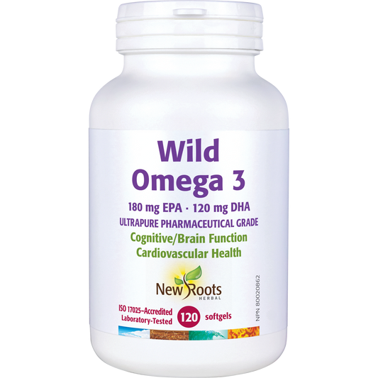 NEW ROOTS    Wild Omega 3 180 mg EPA · 120 mg DHA ·      120 softgels