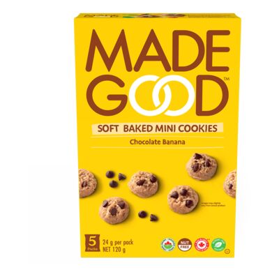 A package of MADEGOOD SOFT BAKED MINI COOKIES with Chocolate Banana flavor. The packaging is yellow with images of the mini cookies and the text highlights organic and free from top 8 allergens.