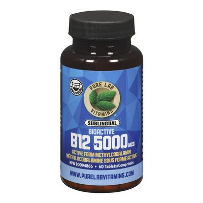 Pure Lab Vitamins   Bioactive B12 5000 mcg - Lactose Free - 60 Sublingual Tabs