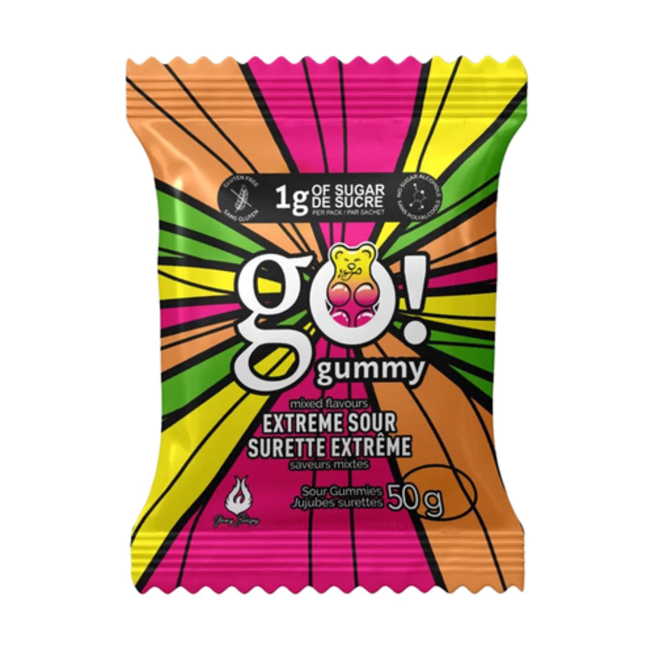 Go Nutrition by Jimmy Sévigny    Go Nutrition Go Gummies    Flavour: Extreme Sour 
Container Size: 50 g    Pack of 12