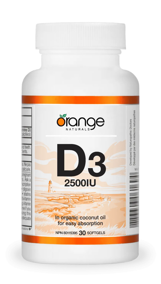 Orange Naturals - D3 Softgels 2500IU - organic coconut oil - 30 Softgels