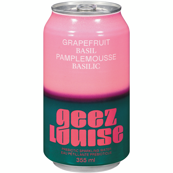 Geez Louise Beverages    Geez Louise Prebiotic Sparkling Water    Flavour: Grapefruit Basil 
Container Size: 355 mL    Pack of 12
