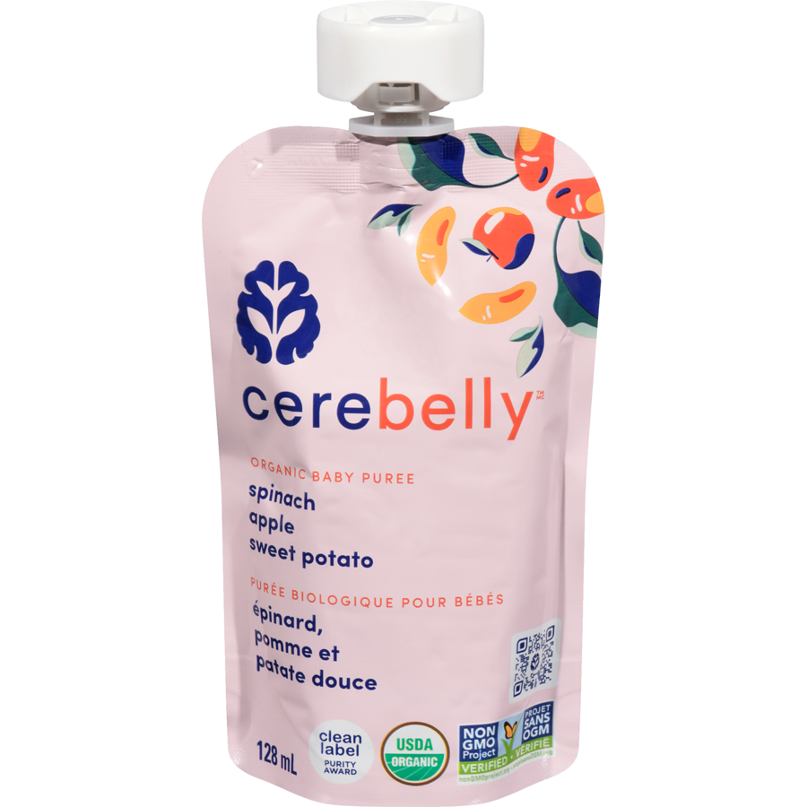 Cerebelly    Cerebelly Purees    Flavour: Spinach Apple Sweet Potato 
Container Size: 128 mL    Case of 12 (2 Packs of 6)