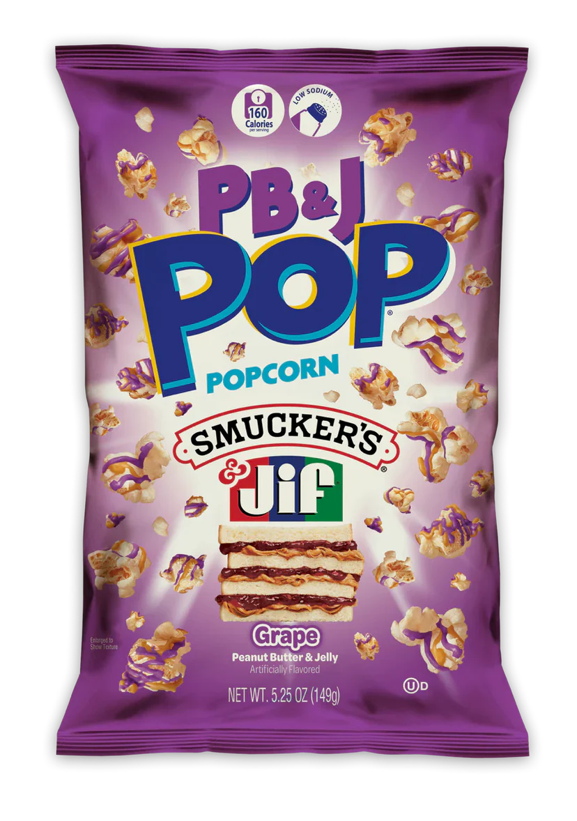 Snax Sational    Snax PB & J Pop Popcorn    Flavour: Grape 
Container Size: 149 g    Case of 12
