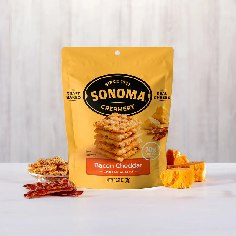 Sonoma Creamery    Sonoma Creamery Cheese Crisps    Flavour: Bacon Cheddar 
Container Size: 64 g    Case of 6