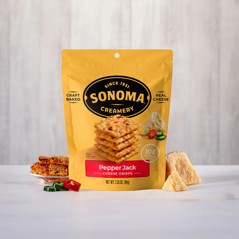 Sonoma Creamery    Sonoma Creamery Cheese Crisps    Flavour: PepperJack 
Container Size: 64 g    Case of 6