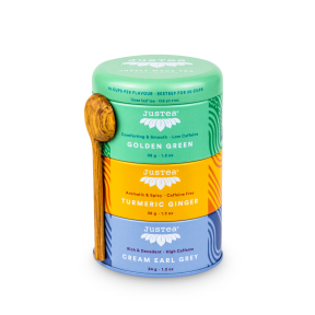 JUSTEA -     Assorted (Golden Green, Tumeric Ginger, Earl Grey) Trio Tins, w Spoon, Loose Leaf      110g