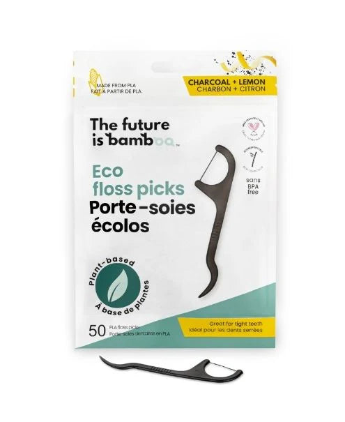 THE FUTURE IS BAMBOO    Floss Picks - Charcoal Lemon, 50pcs/6pk