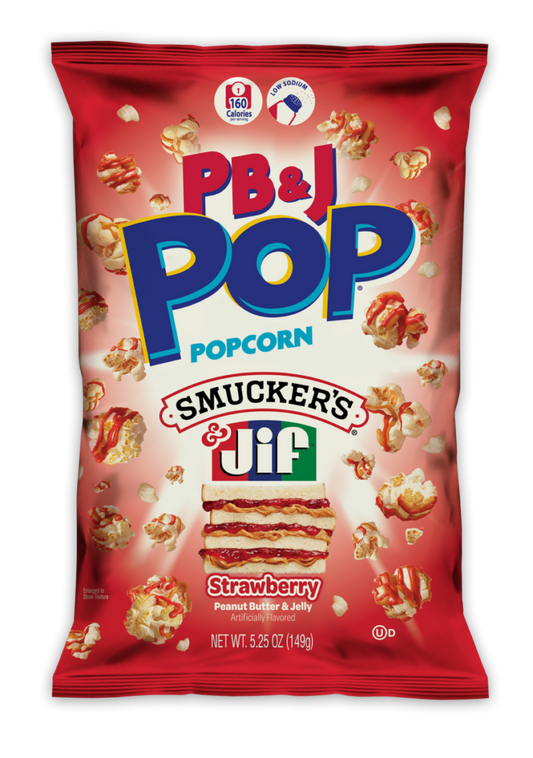 Snax Sational    Snax PB & J Pop Popcorn    Flavour: Strawberry 
Container Size: 149 g    Case of 12