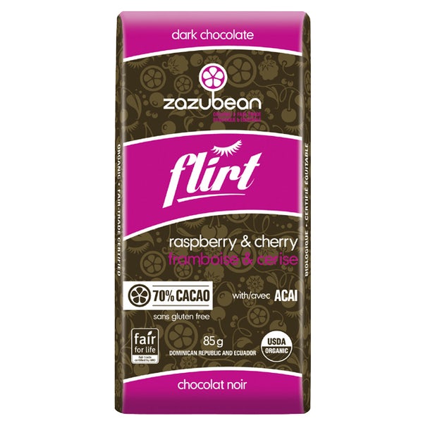 ZAZUBEAN ORGANIC CHOCOLATES    Org Flirt Rasp & Cherry 85g*12