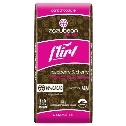 ZAZUBEAN ORGANIC CHOCOLATES    Org Flirt Rasp & Cherry 85g*12