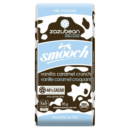 ZAZUBEAN ORGANIC CHOCOLATES    OrgSmooch Van.CaramelCrunch 85g*12