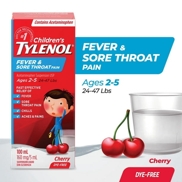 TYLENOL CHLD FEVER&THROAT COL FREE CHERRY 100ML SUSPENSION