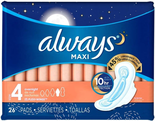 ALWAYS MAXI PADS OVERNIGHT UNSCENTED SIZE 4 26 pack of 6