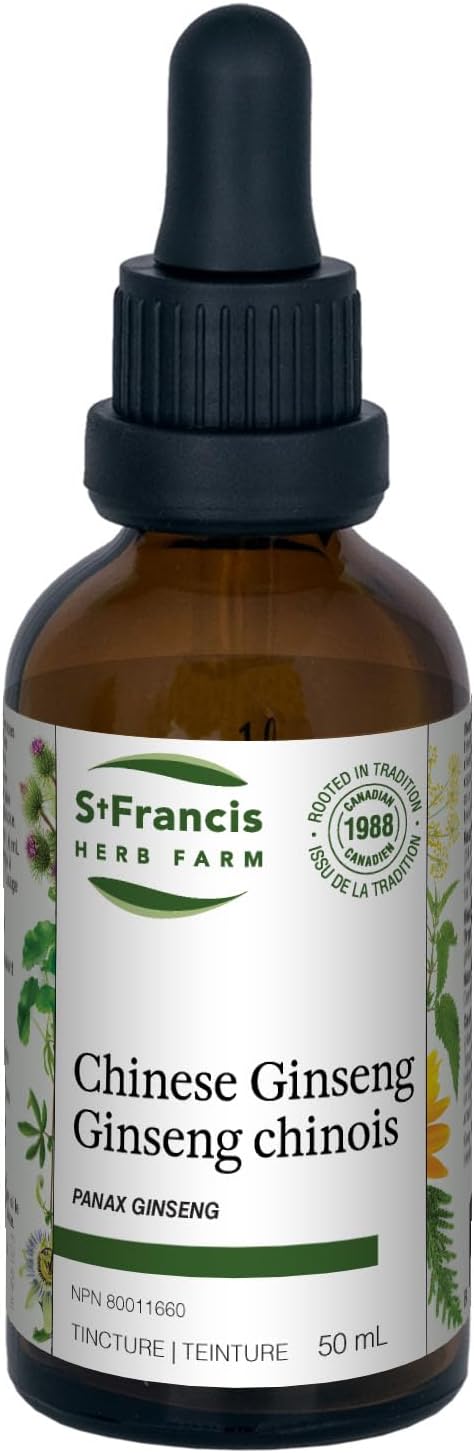 ST FRANCIS HERB FARM Chinese Ginseng (100ml) Organic Herbs, Wildcrafted Herbs, Vegan, Vegetarian, Made in Canada (1 Bottle) Enhances Concentration and Memory