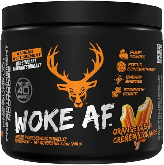 BUCKED UP Woke AF - High Stimulant Pre-Workout- Prolonged Energy & Next Level Focus Without Side-Effects - ZERO SUGAR - ZERO CALORIE - CREATINE FREE (20 Serve, Orange Cream)