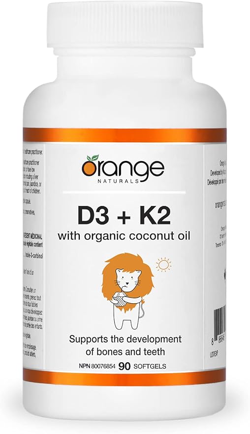 Orange Naturals - Vitamin D3+K2 with Organic Coconut Oil, 90 Softgels 90-Day Supply - Support Bone and Teeth Health, Maintain Muscle, Enhanced Absorption and Prevent D Deficiency Cholecalciferol