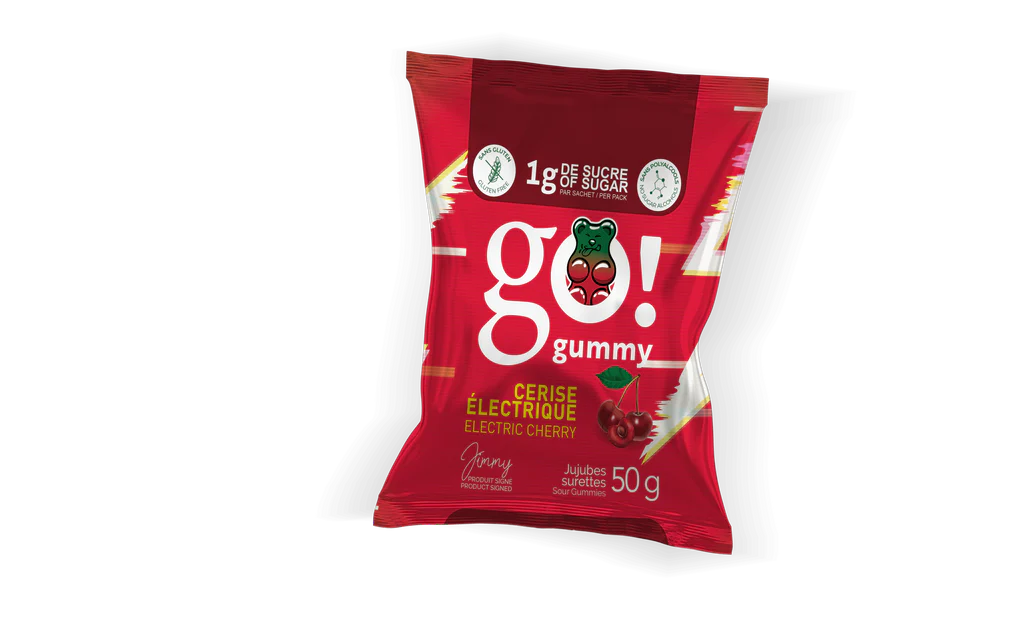 Go Nutrition by Jimmy Sévigny    Go Nutrition Go Gummies    Flavour: Electric Cherry 
Container Size: 50 g    Pack of 12